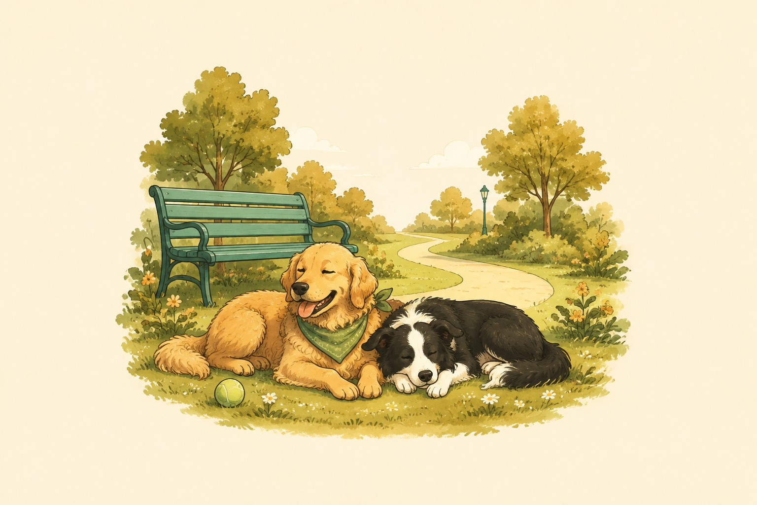 A golden retriever and a border collie resting together beside a green park bench.