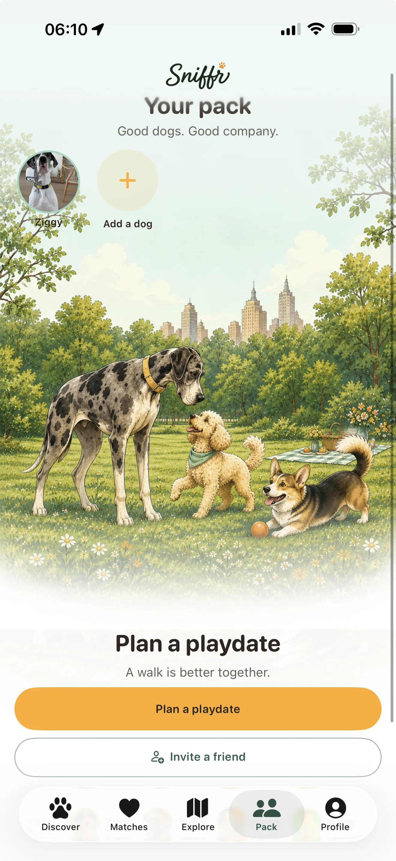 Sniffr's Pack view, where Ziggy's people can make plans together.